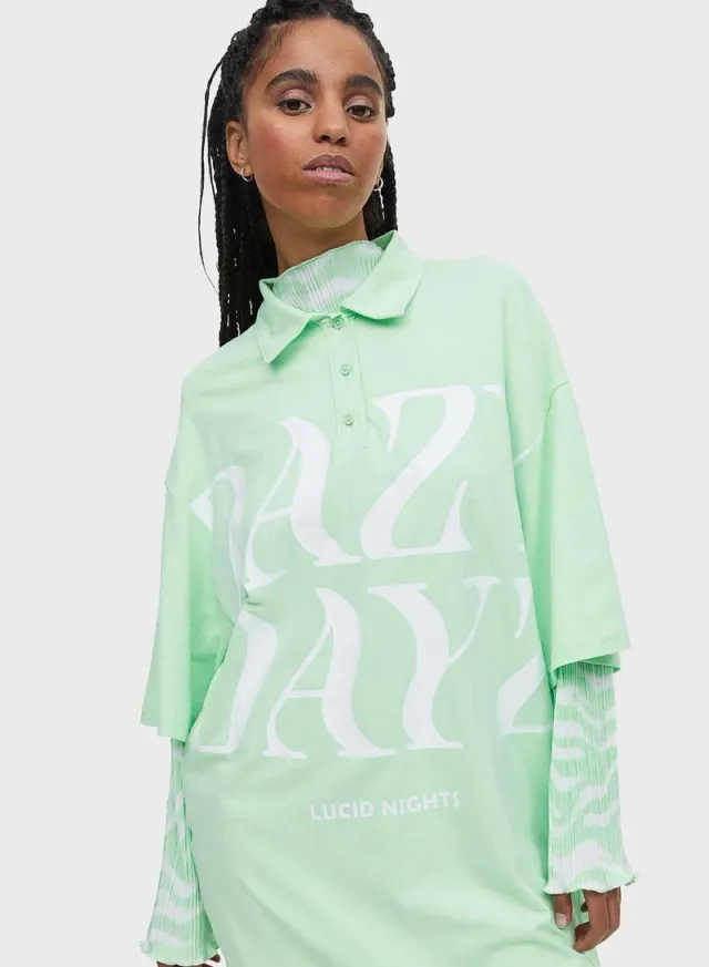 Mint Green Cotton Graphic T-Shirt Dress with Collar and Three-Quarter Sleeves – image 2