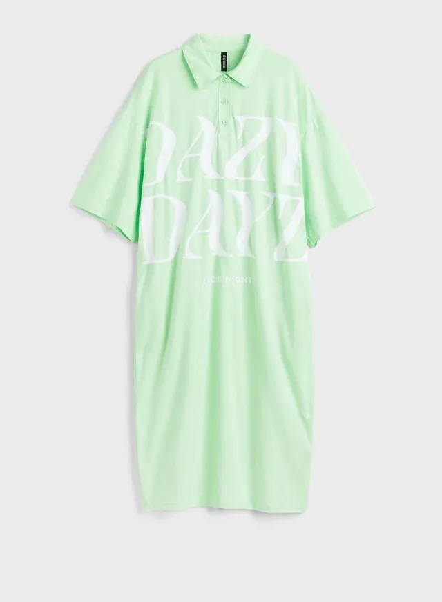 Mint Green Cotton Graphic T-Shirt Dress with Collar and Three-Quarter Sleeves – image 3
