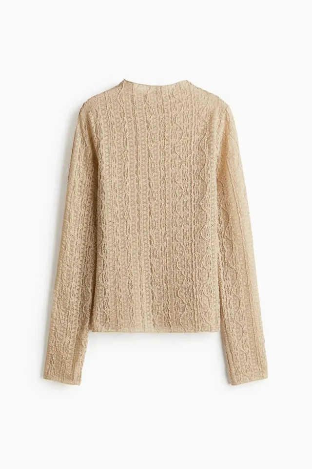 Beige High-Neck Long-Sleeve Lace-Top Sweater for Women – image 2