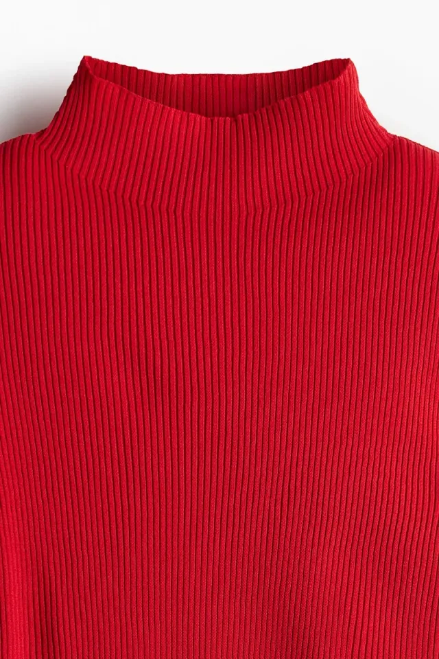 Red Bright Fine Rib Knit Shoulder-Pad High Neck Top – image 4