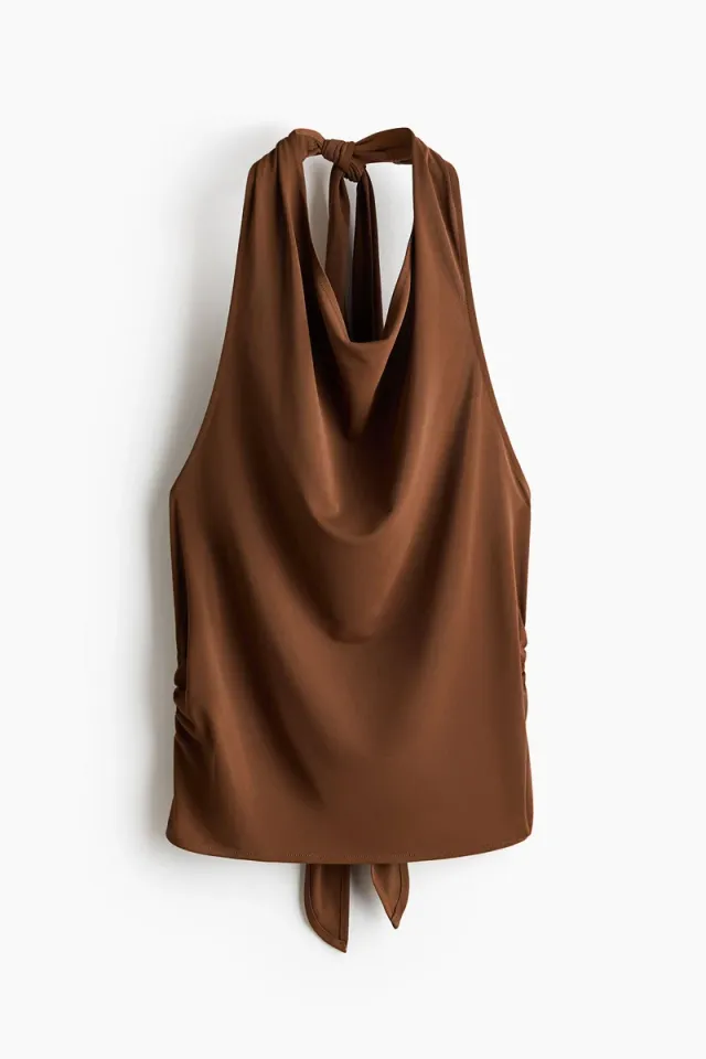 Brown Halterneck Cropped Top with Cowl Neck and Back Ties – image 5