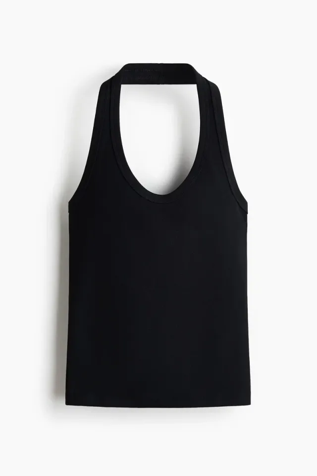 Black Ribbed Halter Neck Top for Women - Fitted, Sleeveless, Recycled Polyester Details – image 5