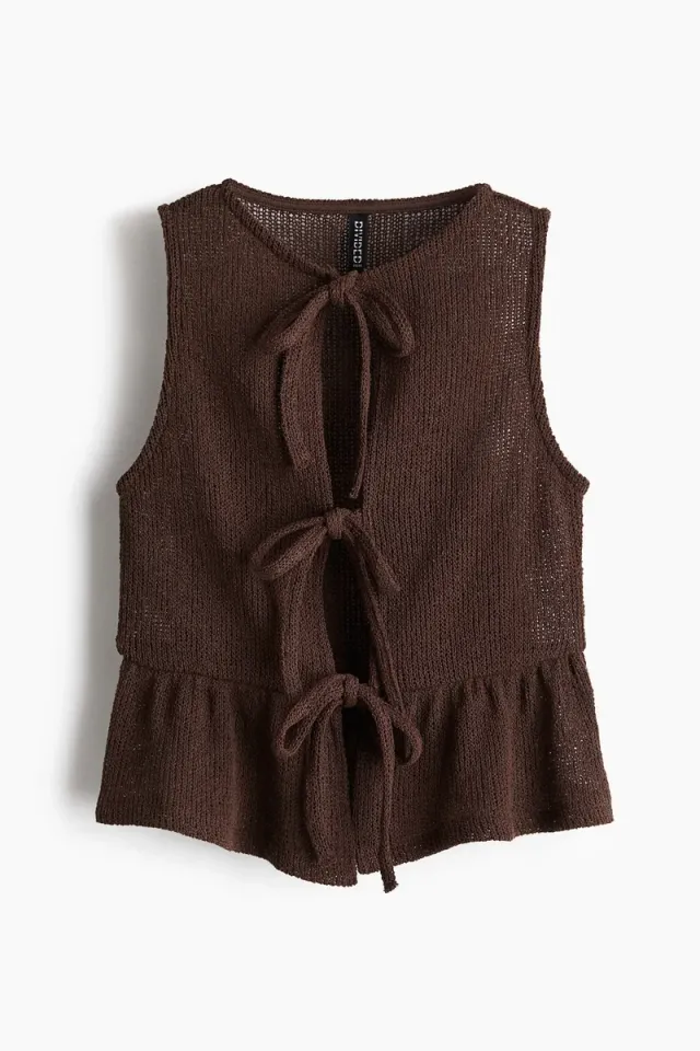 Brown Tie-Front Peplum Top for Women - Sleeveless, Solid, Cropped – image 5