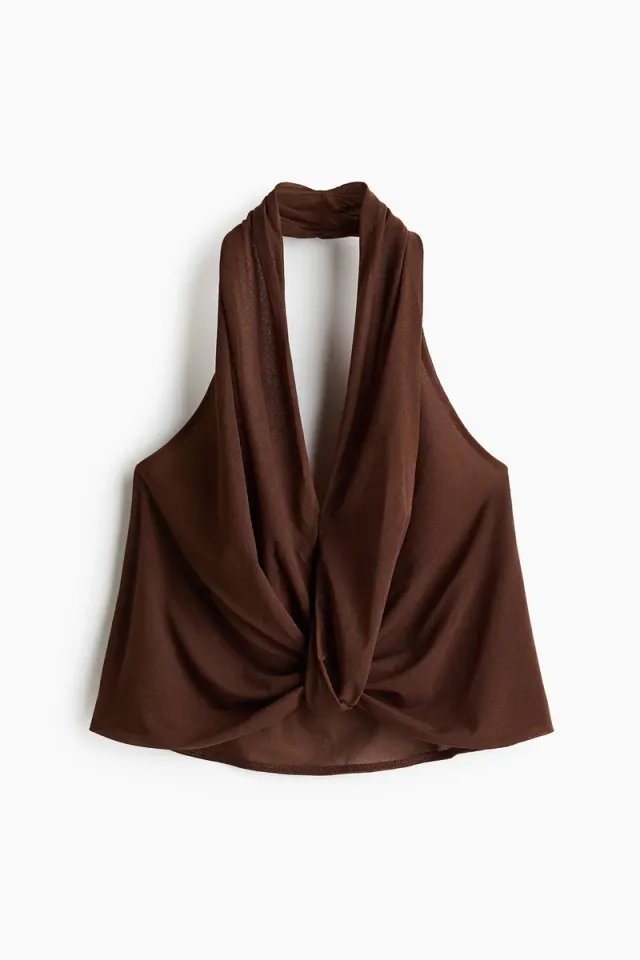 Dark Brown Cropped Halterneck Top with Twisted Hem and Gathered Detail – image 5