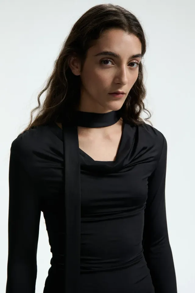 Black Bodycon Long-Sleeve Top with Cowl Neck and Scarf Detail – image 2