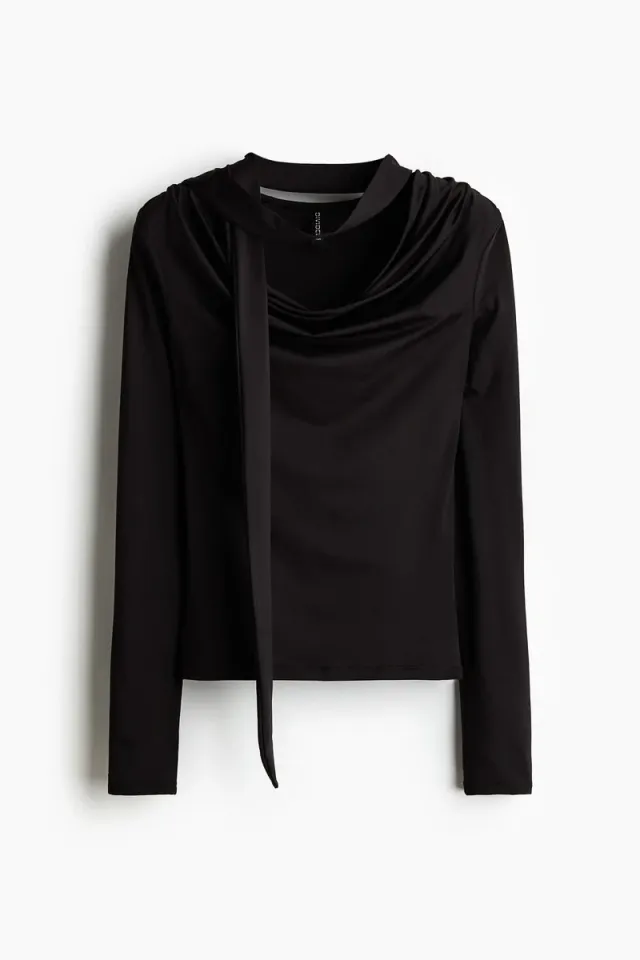 Black Bodycon Long-Sleeve Top with Cowl Neck and Scarf Detail – image 4