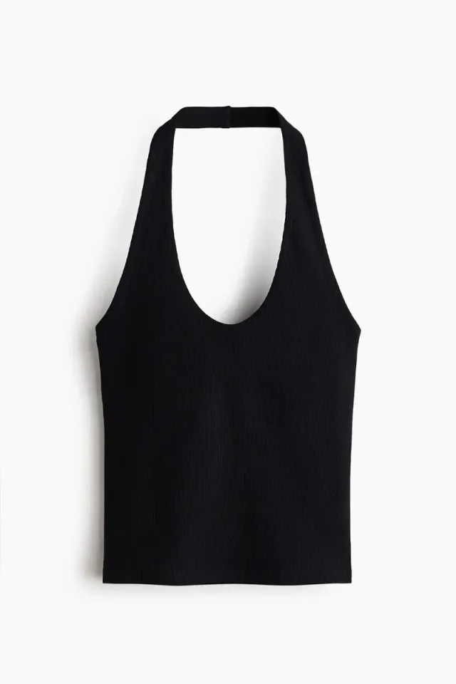 Black Ribbed Halterneck Cropped Top for Women – image 4