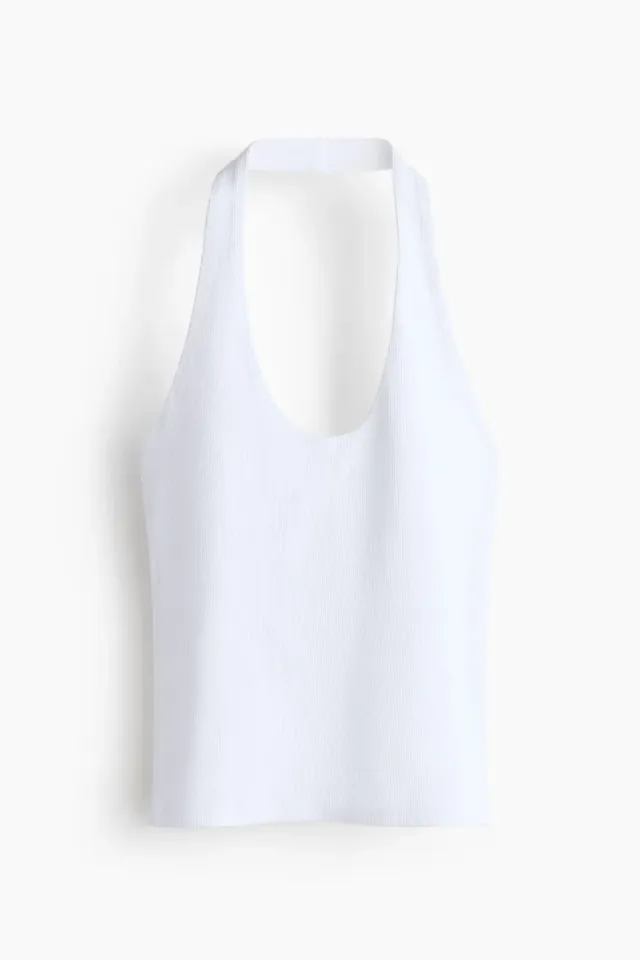 White Ribbed Halterneck Cropped Top for Women – image 4