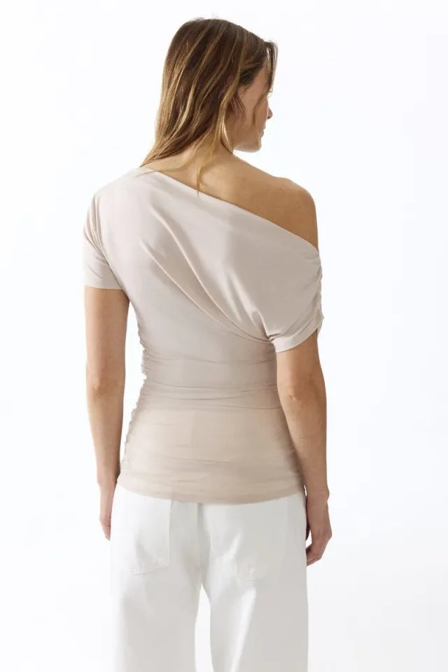 Beige Asymmetrical Neck Draped One-Shoulder Top for Women – image 4