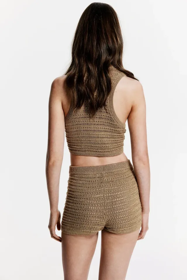 Beige Crochet-Look Pointelle-Knit Cropped Top – image 4