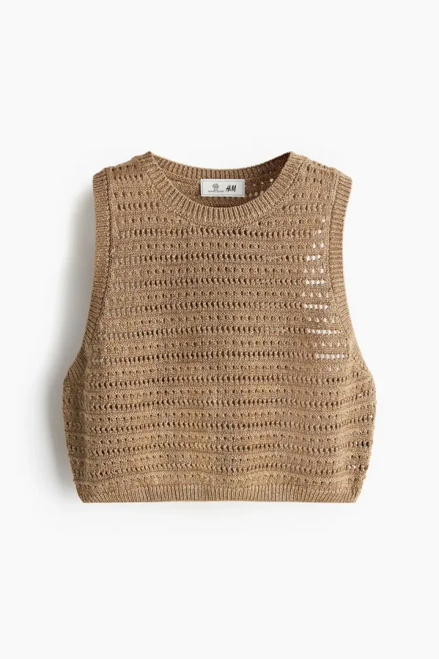 Beige Crochet-Look Pointelle-Knit Cropped Top – image 5