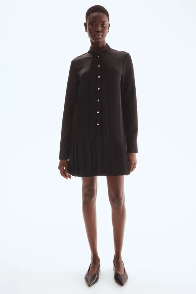 Black Mini High-Neck Pleated Skirt Shirt Dress – image 2