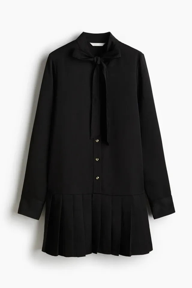 Black Mini High-Neck Pleated Skirt Shirt Dress – image 4