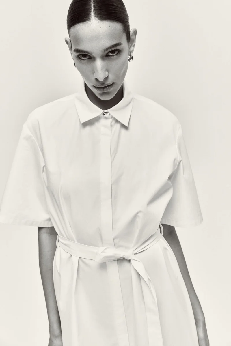 Tie-belt twill shirt dress