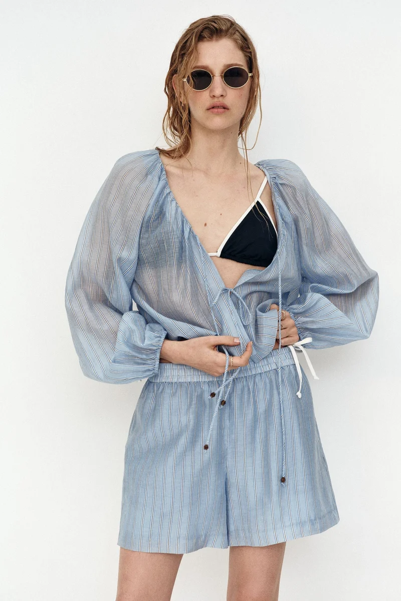 Linen Blend Tie-Front Blouse