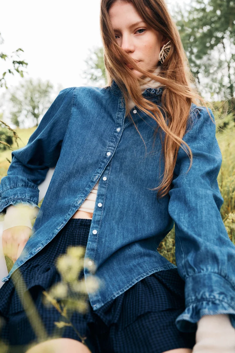 Frill Trim Denim Blouse