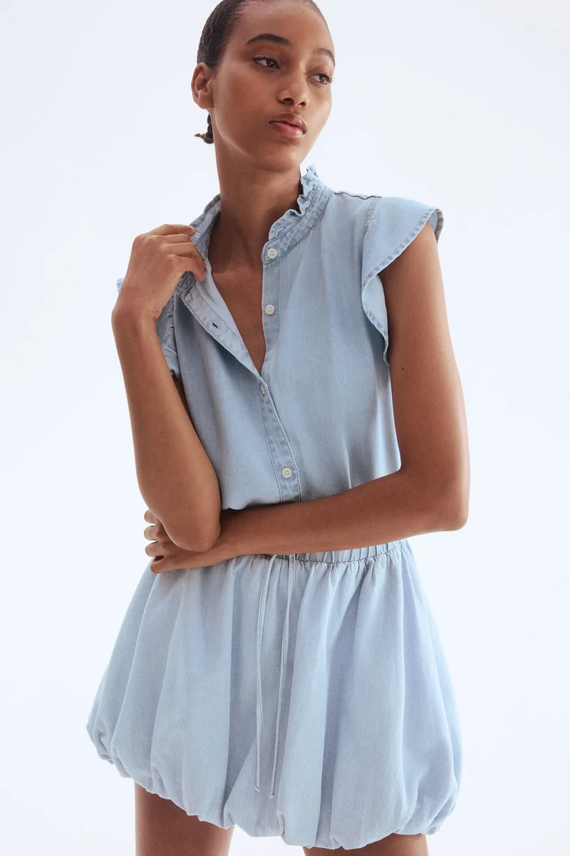 Frill Trim Denim Blouse