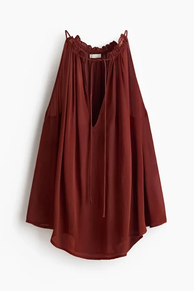 Oversized Viscose Chiffon Top with Frill Collar and Drawstring Tie – image 4