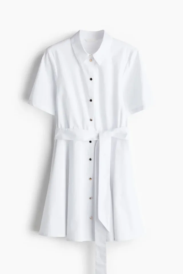 White Mini Shirt Dress with Tie Belt, Short Sleeves, Cotton, Unlined – image 2