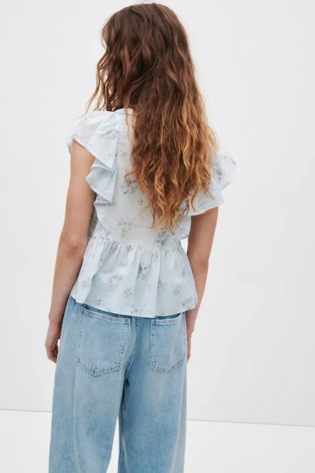 Blue Dusty Light Floral Cotton Top with Frill Trim and Pintucks – image 4