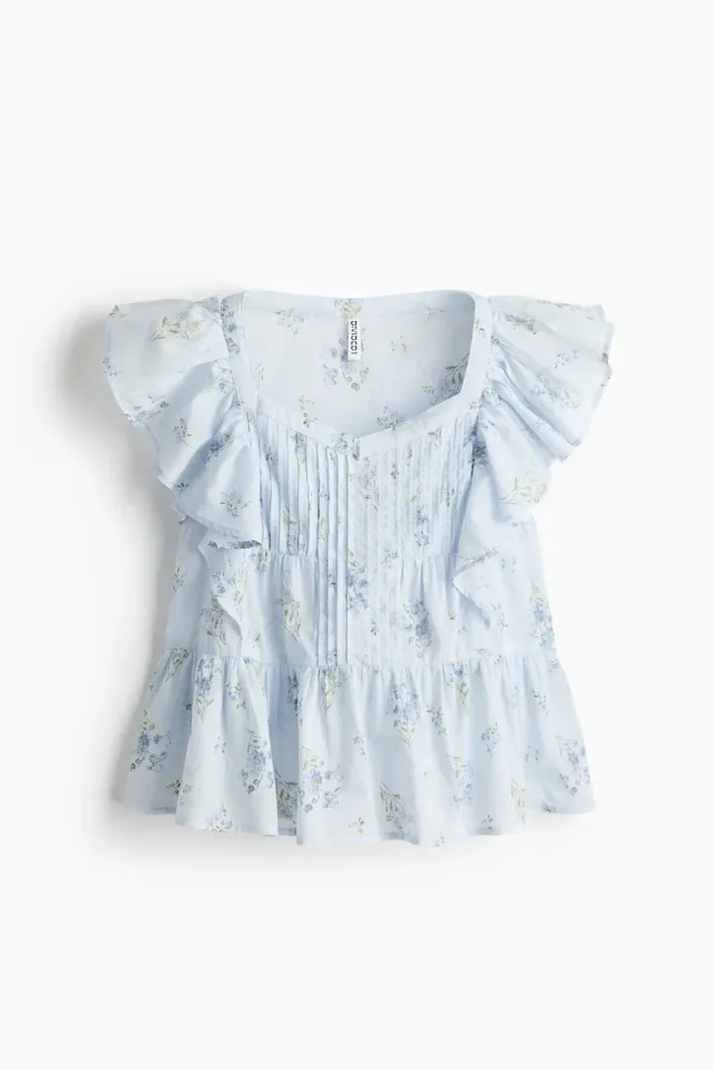 Blue Dusty Light Floral Cotton Top with Frill Trim and Pintucks – image 5