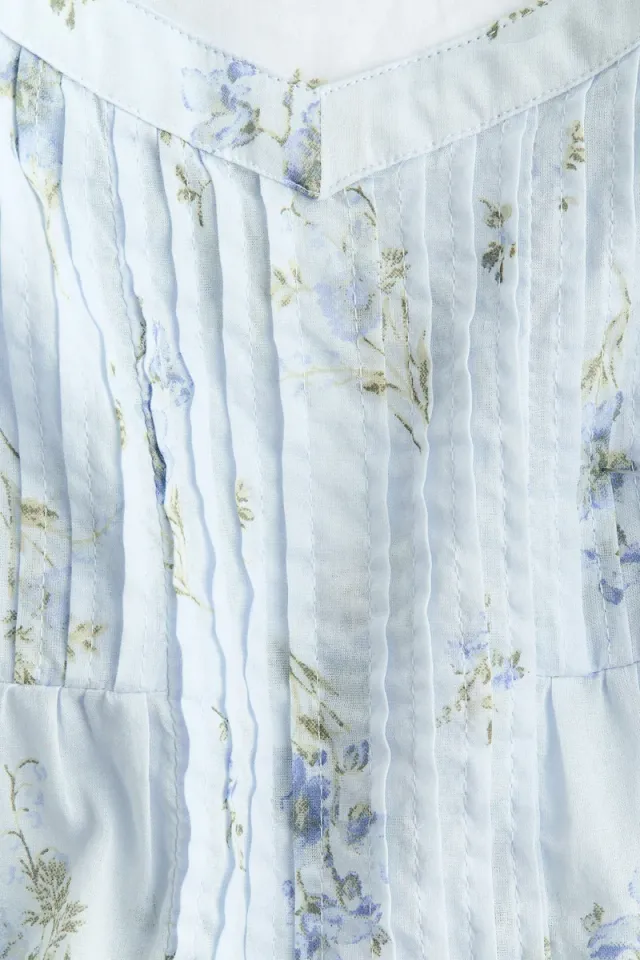 Blue Dusty Light Floral Cotton Top with Frill Trim and Pintucks – image 6
