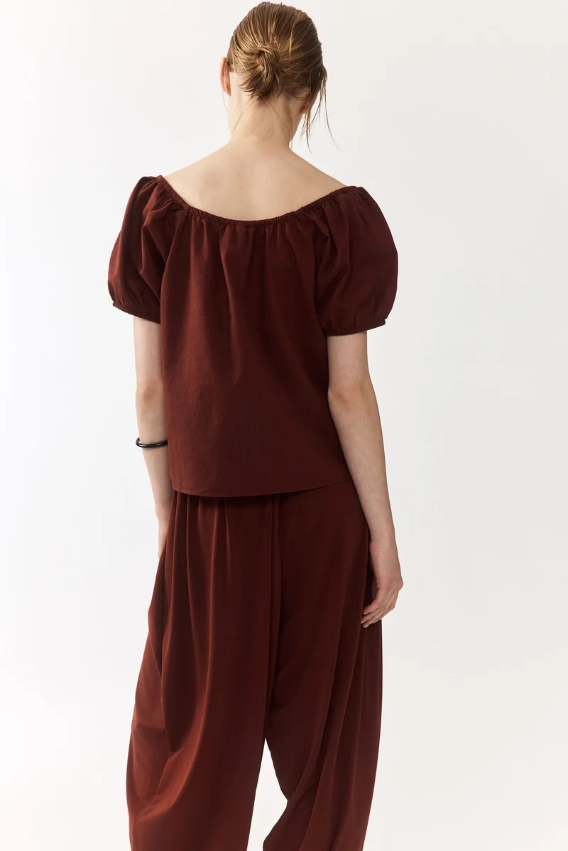 Puff Sleeve Linen Blend Blouse