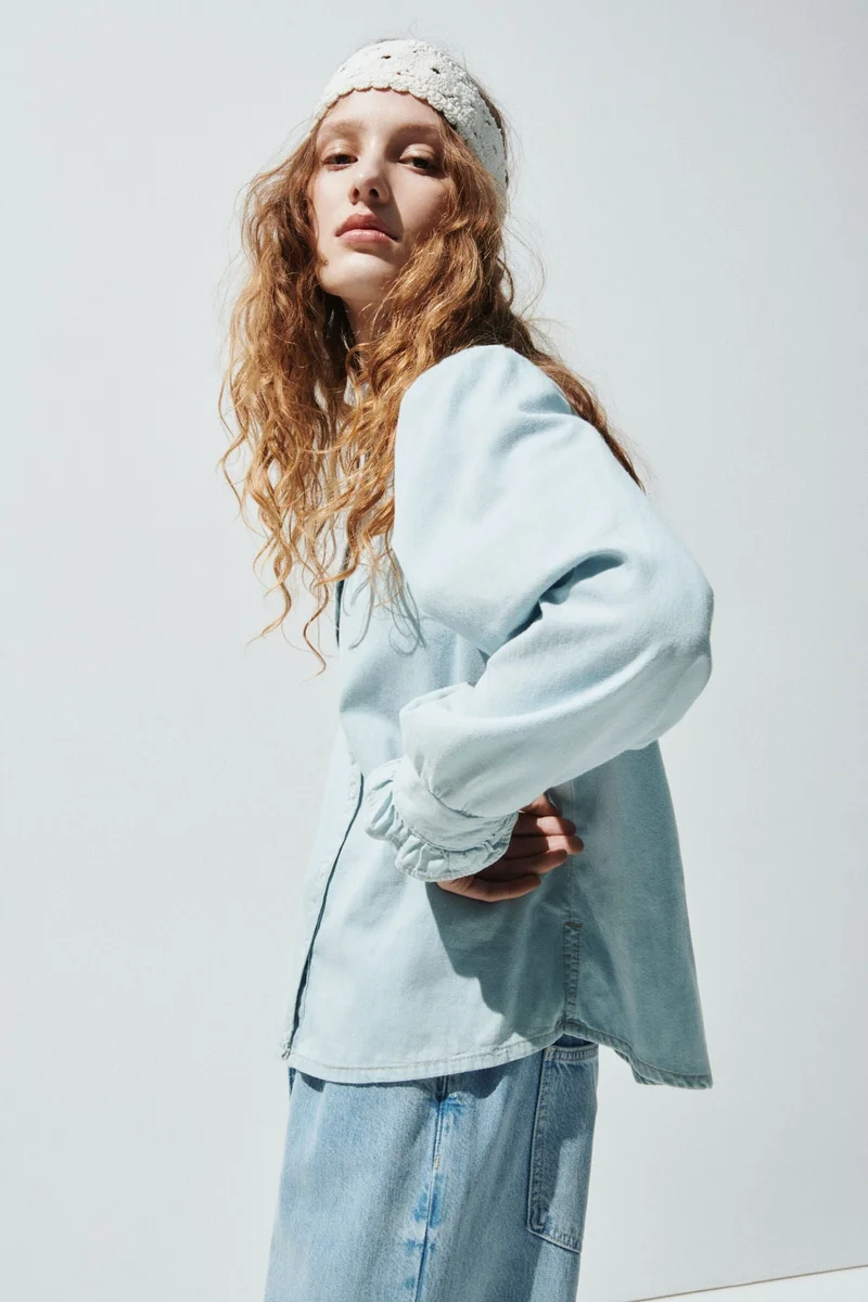 Frill Trim Denim Blouse