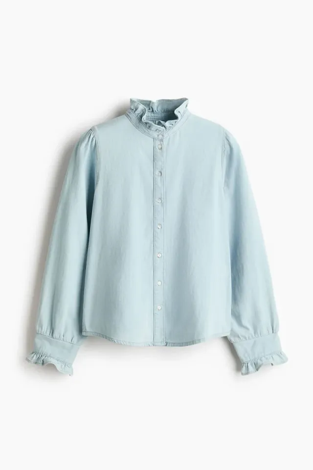 Frill Trim Denim Blouse – image 4