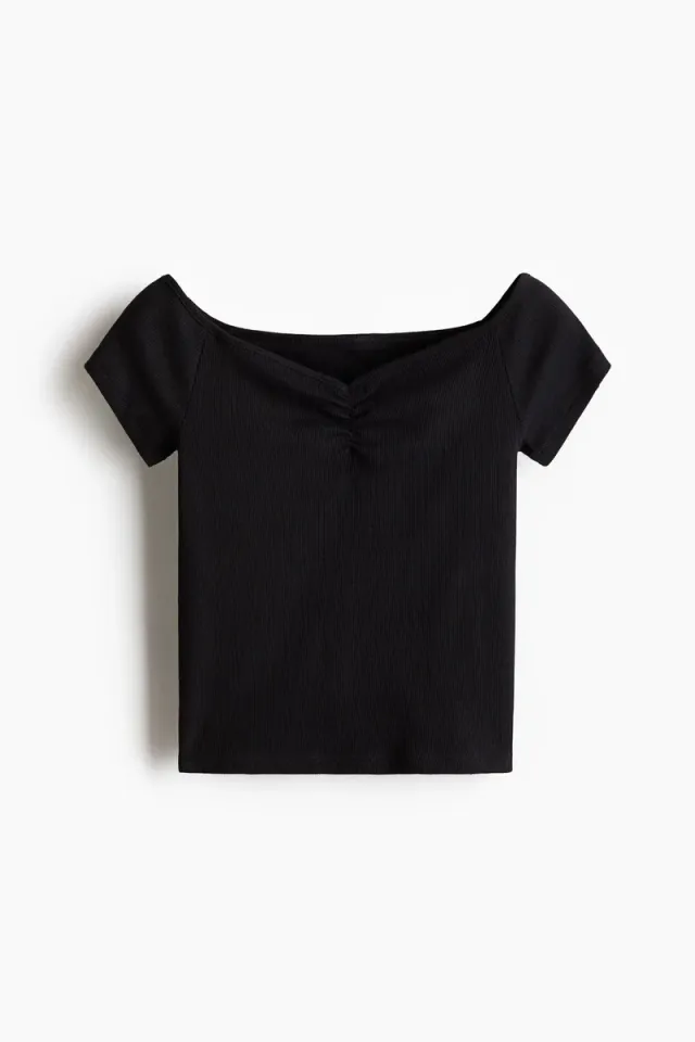 Black Cropped Ribbed Boat Neck Top for Women – image 4