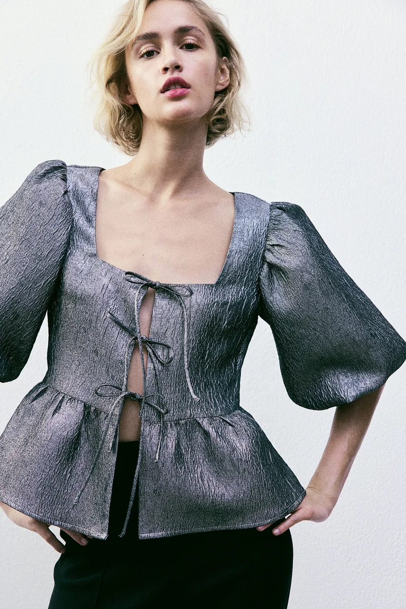 Jacquard Tie-Front Blouse