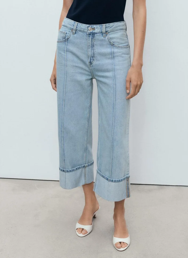 Wide-Leg Cropped Jeans Turned-Up Hem