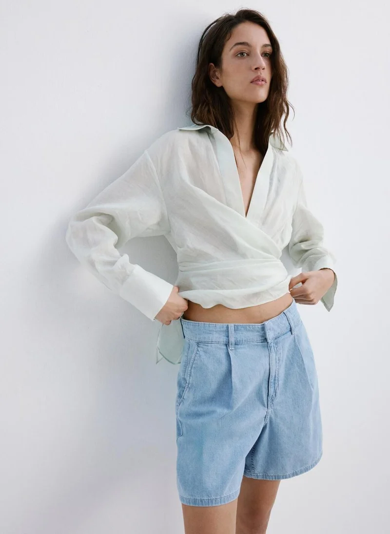 Mid-rise Pleated Denim Bermuda Shorts