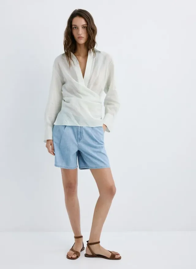Mid-rise Pleated Denim Bermuda Shorts for Women – image 4