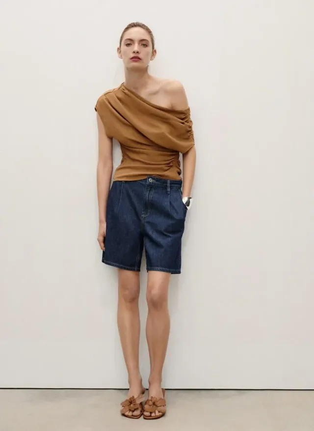 Rinse Wash Denim Bermuda Shorts with Front Pleats – image 4