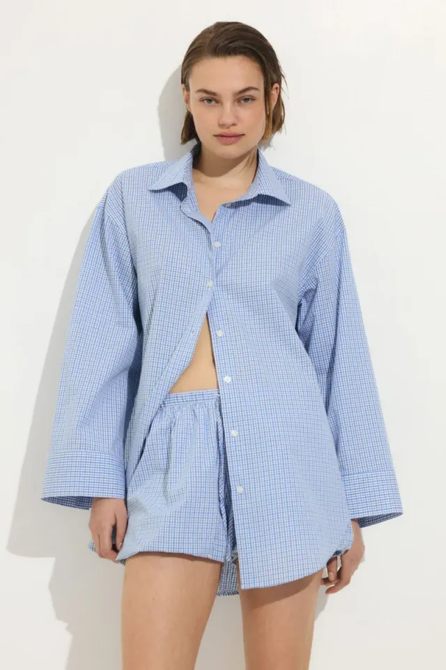 Blue Viscose Blend Oversized Collared Shirt for Women – image 3