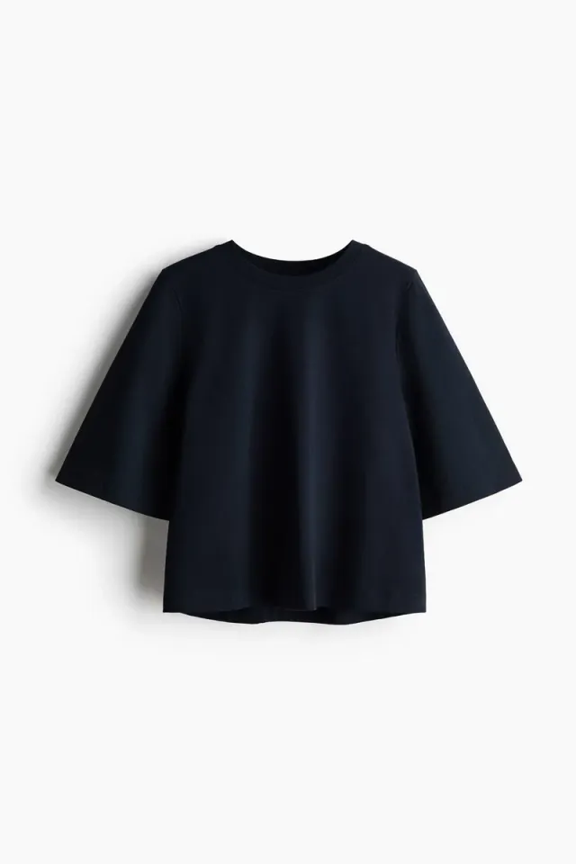 Pima Cotton Loose-Fit Elbow-Length Top - Dark Blue – image 4