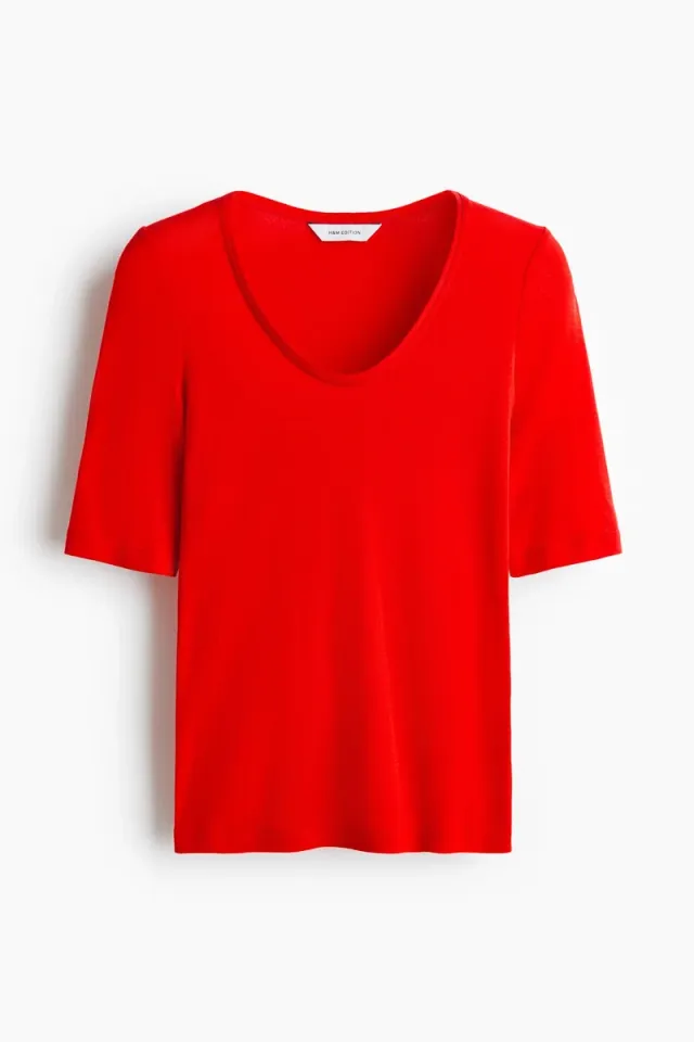 Red Scoop Neck Short Sleeve Bodycon Pima Cotton Top – image 4