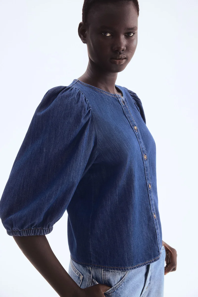 Balloon Sleeve Denim Blouse