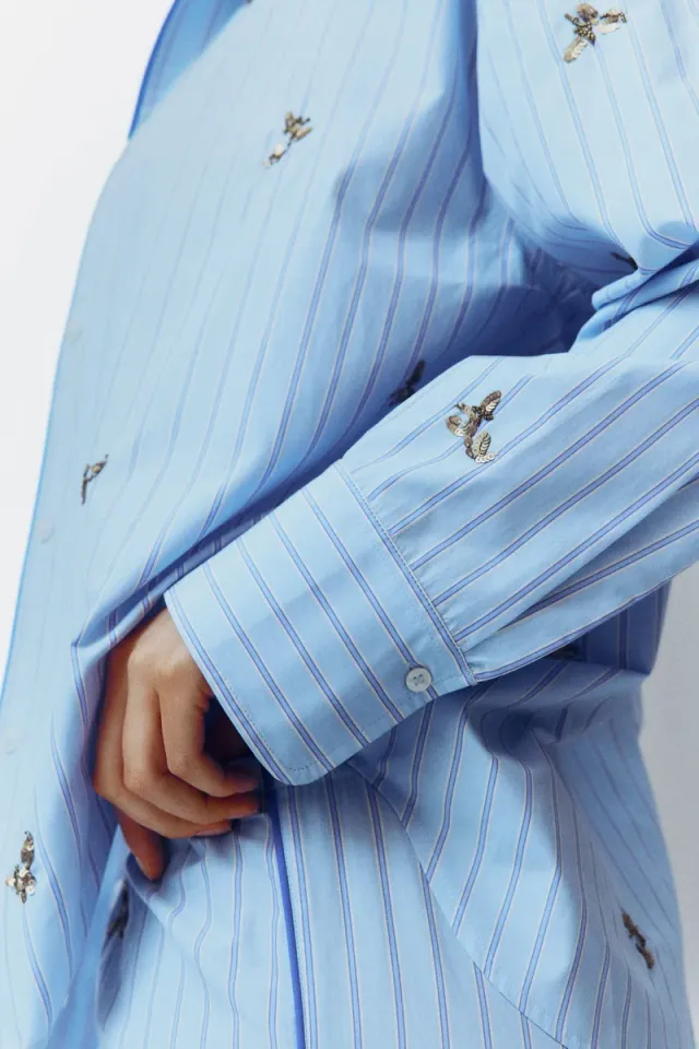 Blue Light Embellished Resort Collar Pyjama Shirt for Women – image 4