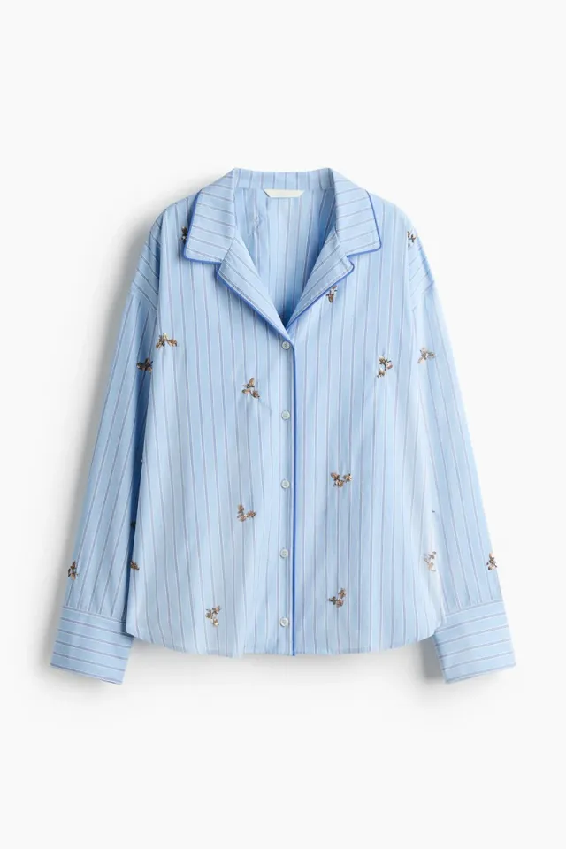 Blue Light Embellished Resort Collar Pyjama Shirt for Women – image 5