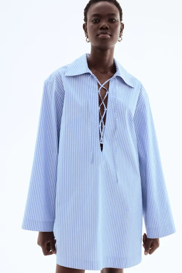 White Striped Mini Shirt Dress with Lacing Detail