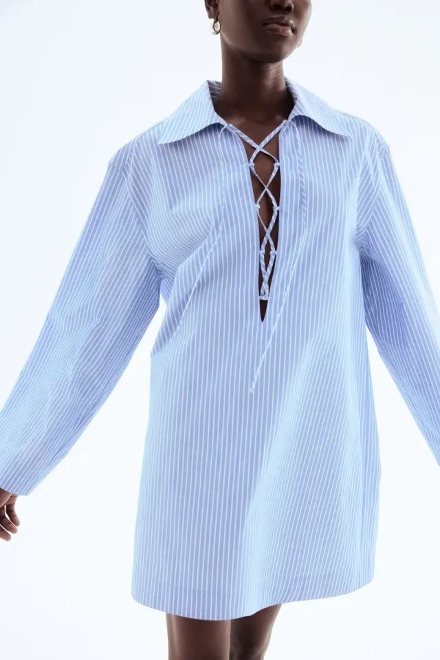 White Striped Mini Shirt Dress with Lacing Detail – image 3