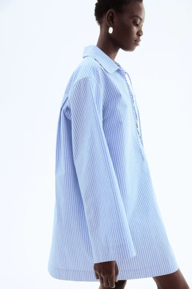 White Striped Mini Shirt Dress with Lacing Detail – image 4