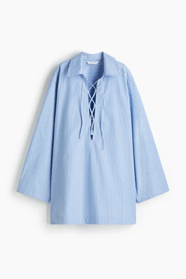 White Striped Mini Shirt Dress with Lacing Detail – image 6