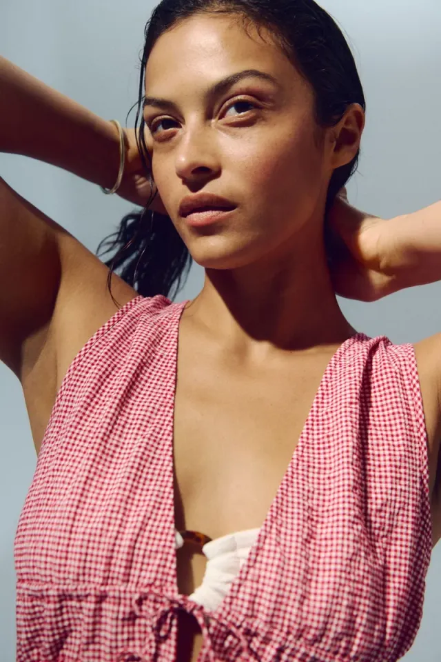 Red Tie-Front Cotton Beach Top for Women – image 3