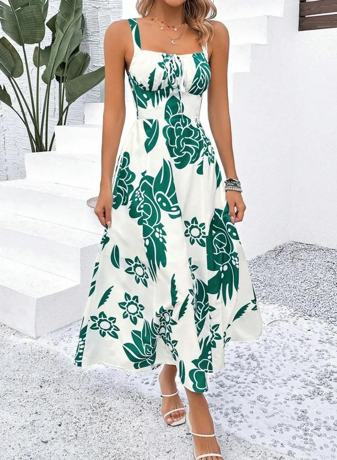 Printed Strappy A-Line Maxi Dress Green