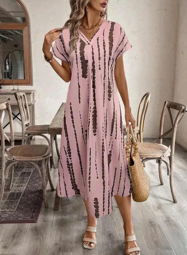 Dusty Pink Printed A-Line Midi Dress - V-Neck, Short Sleeve, Flared – image 3