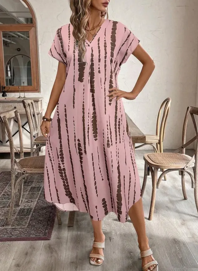 Dusty Pink Printed A-Line Midi Dress - V-Neck, Short Sleeve, Flared – image 4