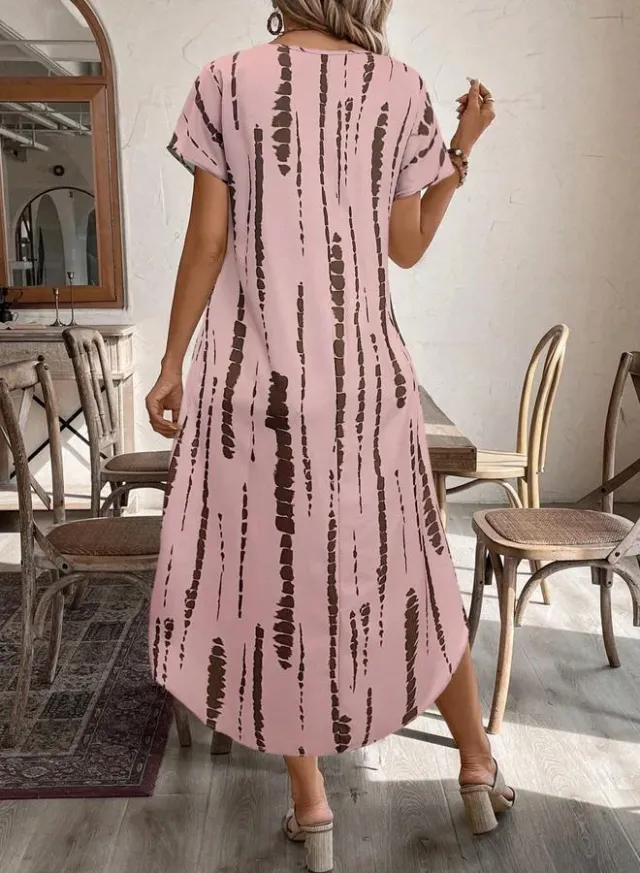 Dusty Pink Printed A-Line Midi Dress - V-Neck, Short Sleeve, Flared – image 5
